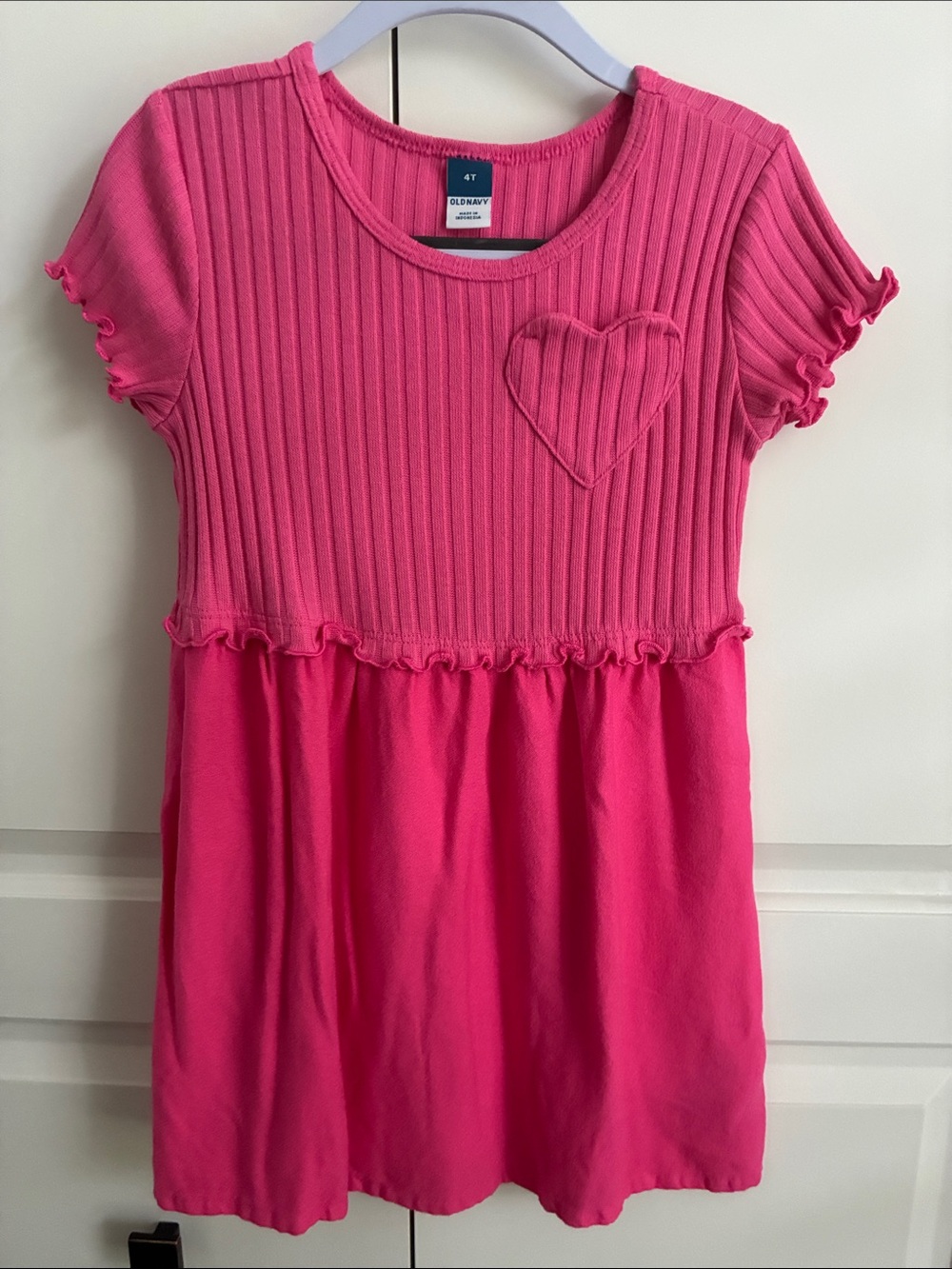 Old Navy Bright Pink Ribbed Short-Sleeve Dress with Heart Patch- 4T